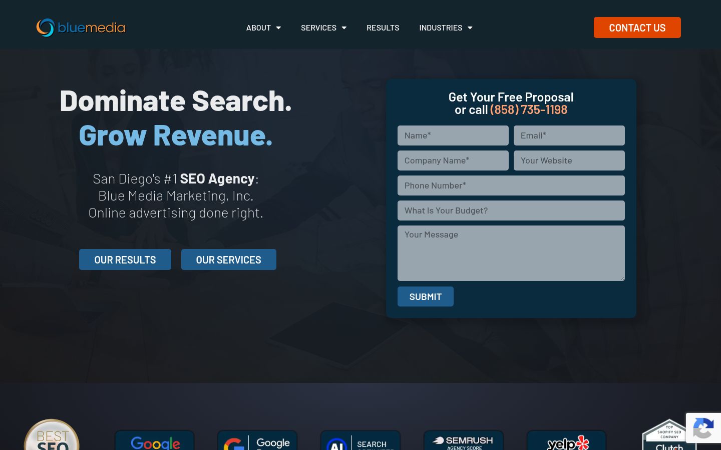Blue Media Marketing homepage screenshot, September 2026