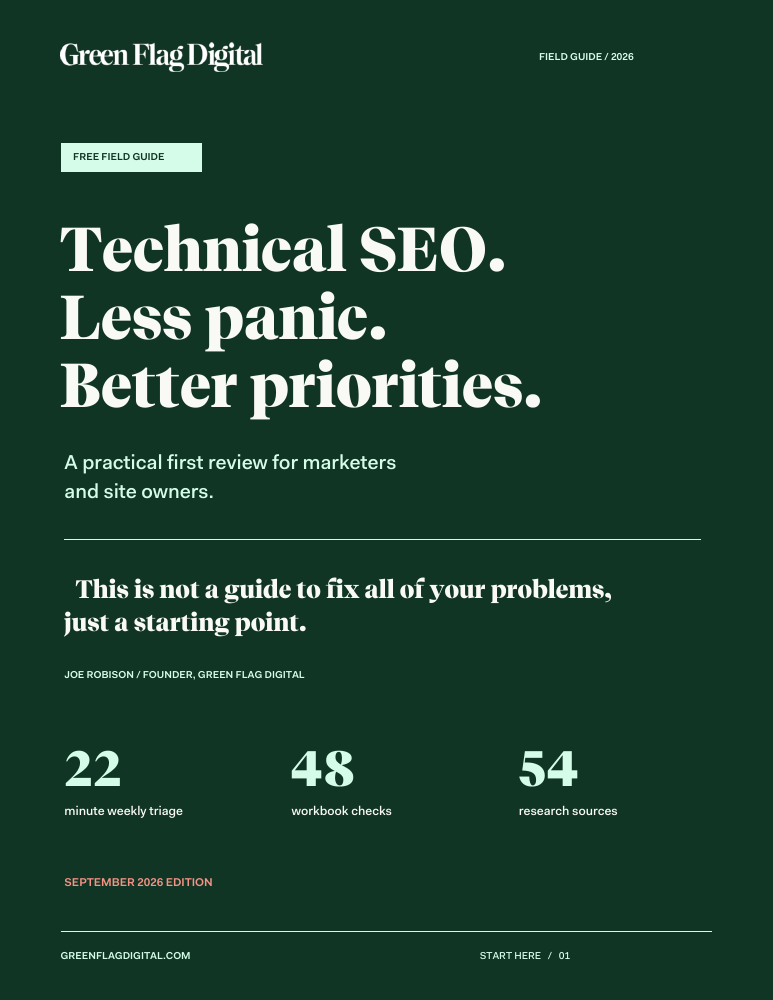 GFD field guide cover: Technical SEO. Less panic. Better priorities.