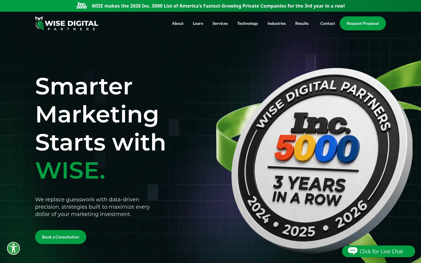 WISE Digital Partners homepage screenshot, September 2026