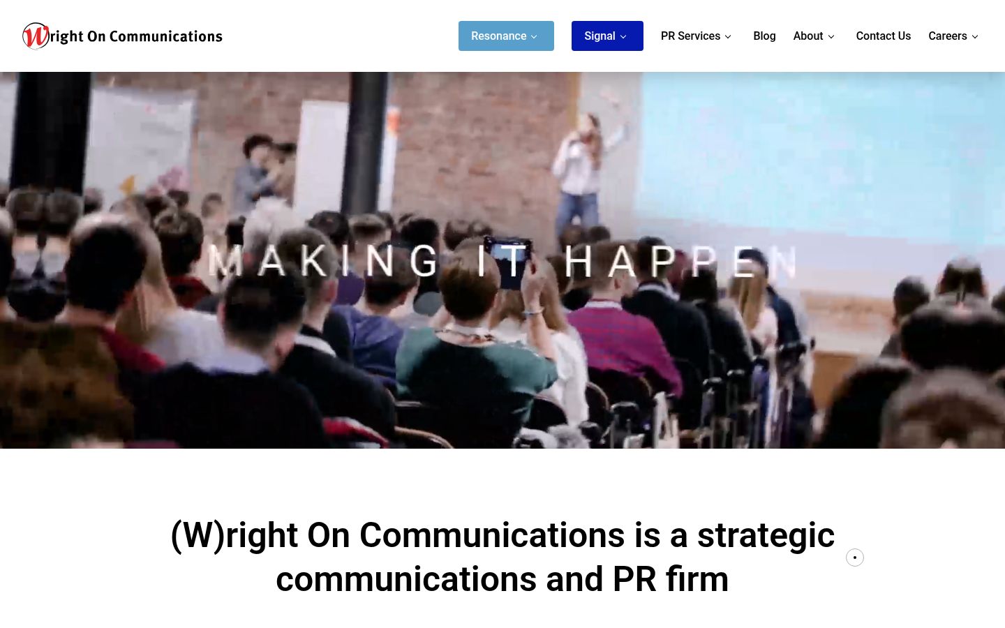 (W)right On Communications homepage screenshot, September 2026